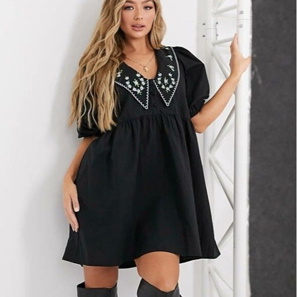 ASOS DESIGN Smock Dress Size 4 Black Puff Sleeve Embroidered Oversized Collar - Picture 1 of 11